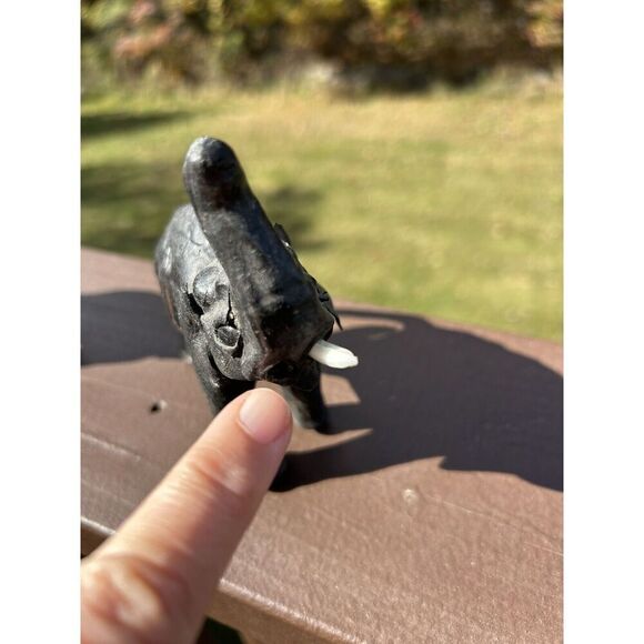 Vintage Leather Wrapped Elephant Statue W Tusks, Trunk Up Black 13”L x 13”H - Picture 6 of 13